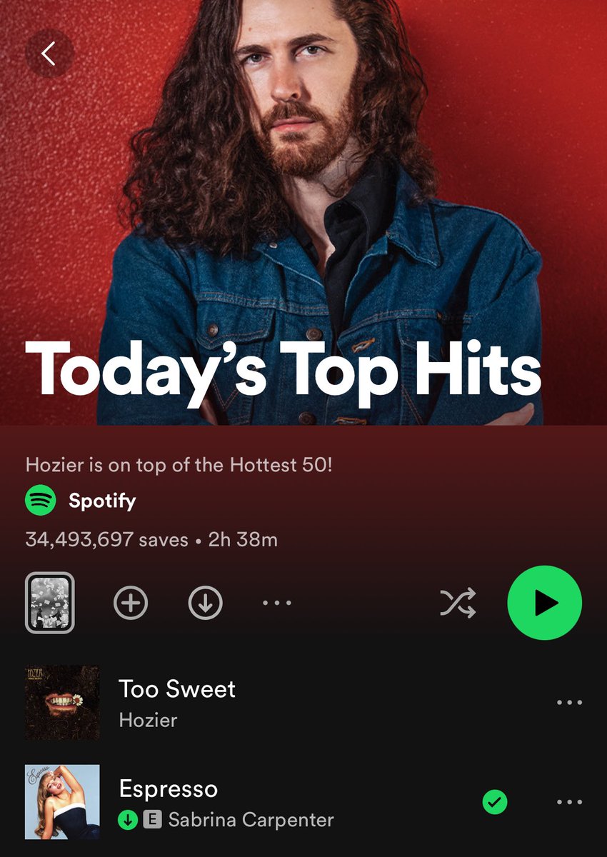 .@SabrinaAnnLynn’s “Espresso” is now at #2 (+2) on @Spotify’s biggest playlist “Today’s Top Hits”