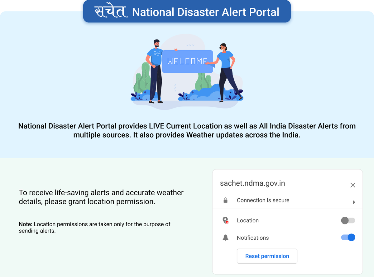 Sachet National Disaster Alert Portal & Mobile App

For all-natural and human-induced disasters, the Sachet National Disaster Alert Portal & Mobile App provides alerts in a geo-targeted manner in multiple languages across all media at the same time.🧵1/n
#EarlyWarning #SachetApp