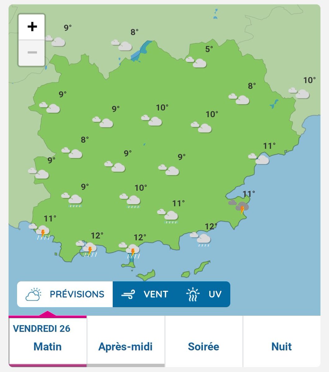 #METEO83 | 🟡 Vendredi 26 avril, le #Var est placé en vigilance JAUNE pour orages à partir de 8h et jusqu'à la mi-journée.
➡️ Météo-France a affiné ses prévisions : les orages devraient  surtout toucher le littoral.
⚠️ Prudence lors de vos activités sensibles au risque météo.
ℹ️…