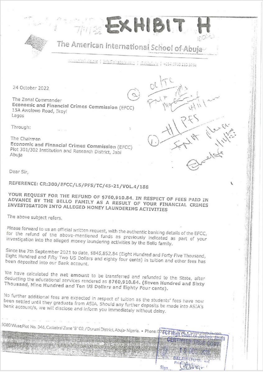 NigeriaStories's tweet photo. BREAKING NEWS : EFCC requested the American International School of Abuja to refund the $845,000 school fees payment made by Yahaya Bello. 

Below is the school's response:

What’s your take on this ? https://t.co/kECUad7A9P