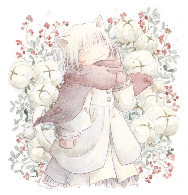「白猫さんと冬の彩り」透明水彩・ウォーターフォード・デジタル主線2024年4月#ふわりえにし 綿の実、サンキライの実、ヤドリギ。寒い冬だからこそふんわりした綿の実や暖かな赤の実にほっとしたり、ヤドリギの絶えない緑にはっとしたり。グループ展3日目もどうぞよろしくお願いします。 