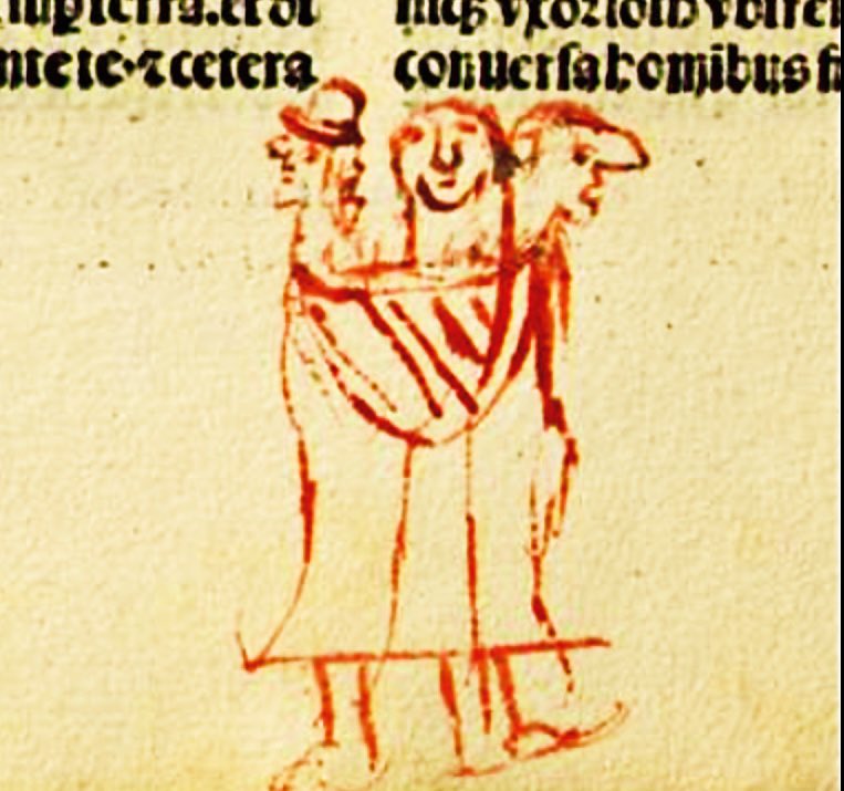 A marginal doodle of what looks like three bewildered chaps uncomfortably stuffed into the same oversized tunic - late 15th century, BLB,  256 Bll. 2º, Shelf mark D̄ḡ 21, p. 364