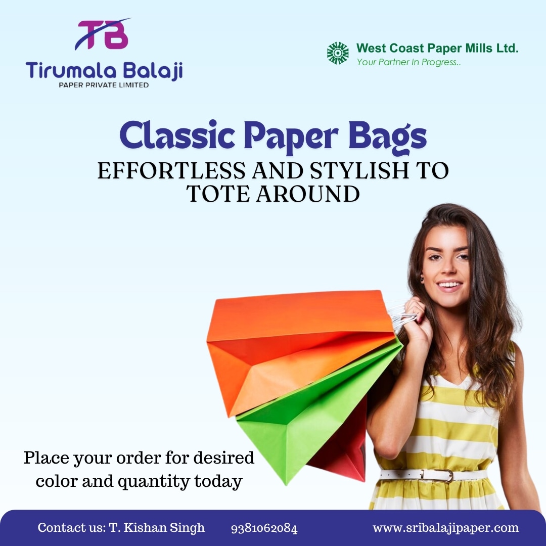 Choose a multitude of paper bags printed that convey the perfect message of environmental protection. Order your favourite colour and size.

#SriBalaji #SriBalajiPaper #WestCoast #PaperBags #ToteBag #ClassicPaperBags #Paperboards #Brand #LovePaper #PaperLove #Paper #Hyderabad
