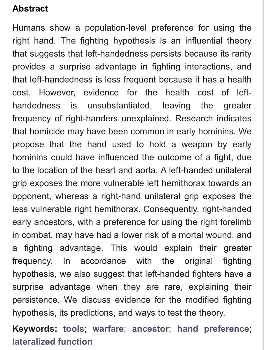 Why are most humans right-handed?

The modified fighting hypothesis proposes that right-handed weapon use would better protect the heart and aorta, reducing the number of fatal wounds: