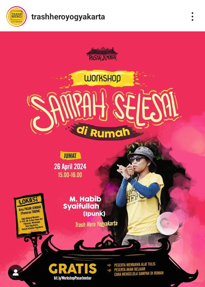 🗓️ 26/04/2024 🕢 15.00-16.00 📍 Pasar Jembar (Pameran Tabon) Jogja National Museum, Yogyakarta 📝 Workshop Sampah Selesai di Rumah 🎫 Gratis @mamaklucnliz