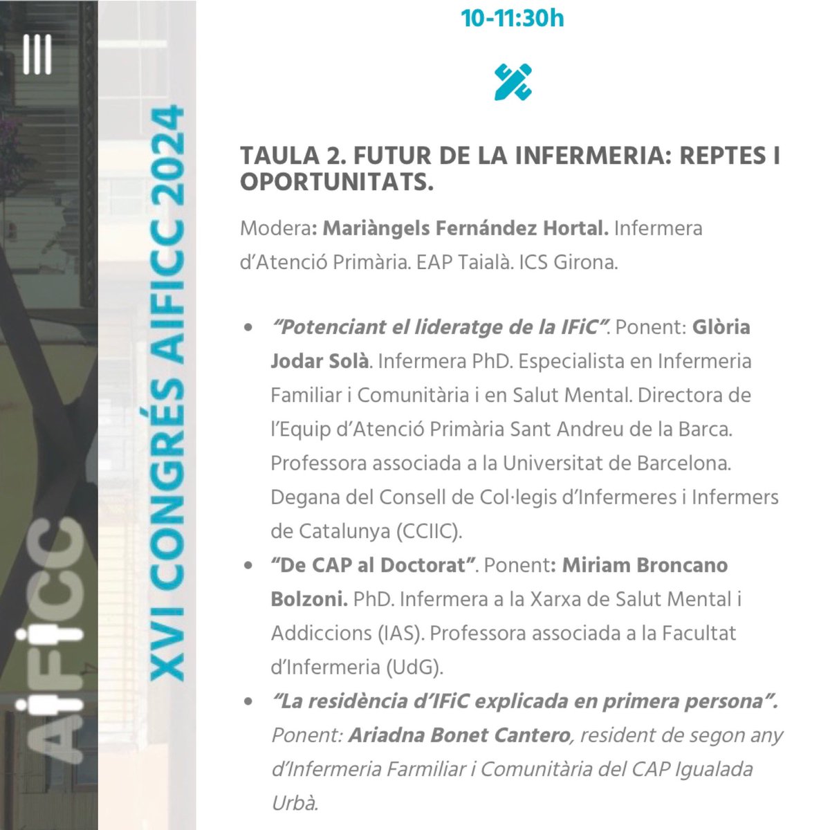 “Potenciant el lideratge de la IFiC”.

<a href="/GloriaJodar/">Glòria Jodar</a>, degana del CCIIC, participa avui a la taula #FUTUR DE LA INFERMERIA: REPTES I OPORTUNITATS del #XVICongrés <a href="/AIFICC/">AIFICC</a>.

Programa a aificc.cat/jornades-i-con…