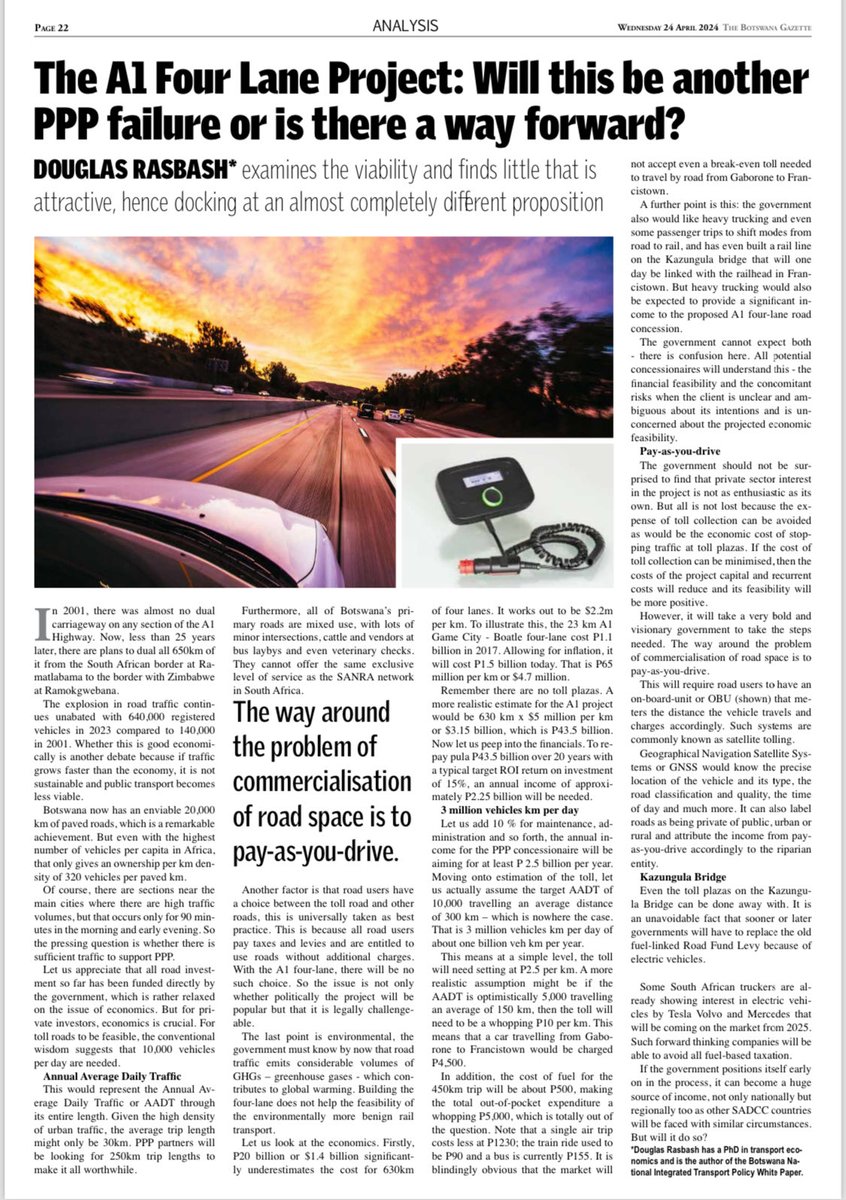 Inducing private finance in transport infrastructure with low demand will be a challenge for ⁦@BWGovernment⁩ - my item in the ⁦@gazettebw⁩ proposes that drivers pay as they go using GNSS. ⁦@Google⁩