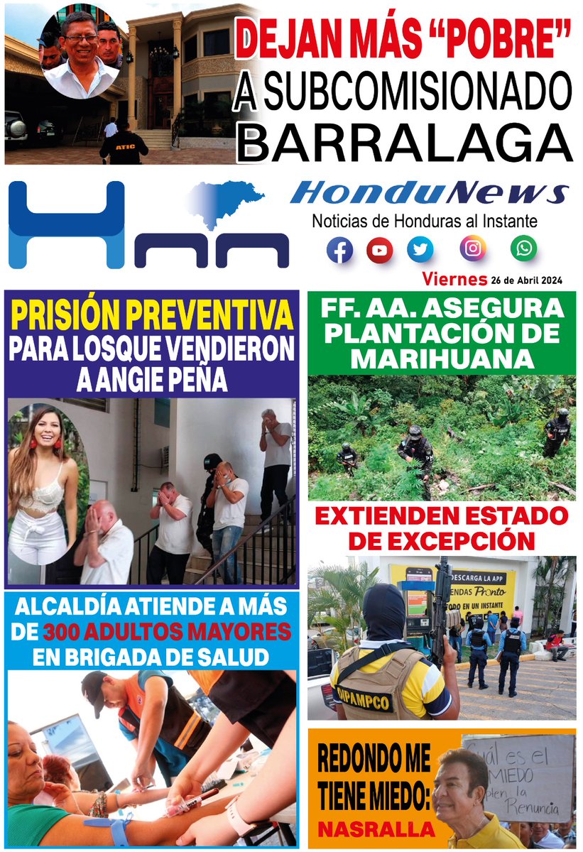 Portada #hondunewshnn Viernes 26 de abril-2024.