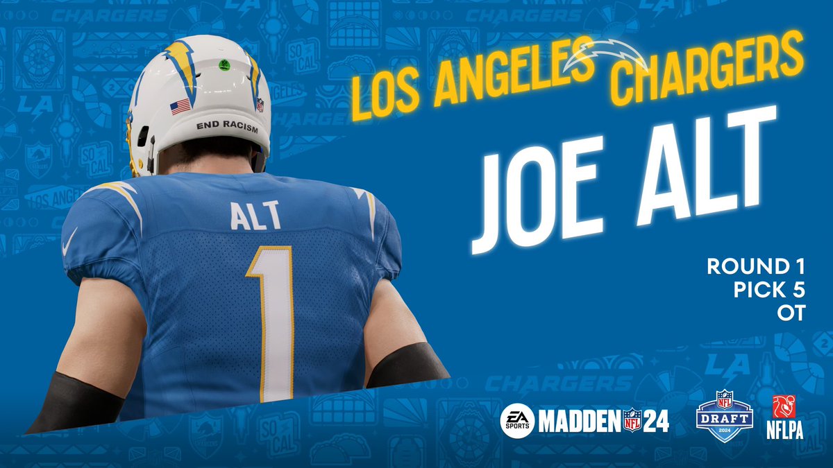 Joe Alt (@joealt7) on Twitter photo It's game time, I'm pumped to be featured in Madden NFL 24 and ready to make my mark for <a href="/chargers/">Los Angeles Chargers</a> ! #Madden24 #EAAthlete It's game time, I'm pumped to be featured in Madden NFL 24 and ready to make my mark for <a href="/chargers/">Los Angeles Chargers</a> ! #Madden24 #EAAthlete
