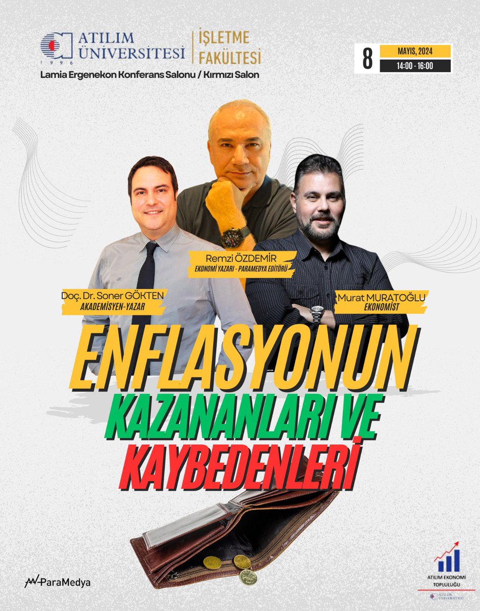 🧐'Enflasyonun Kazananları ve Kaybedenleri! 📍8 Mayısta @remzi_ozdemir , @sozcumuratoglu ve ben @AtilimUniv İşletme Fakültesi'nde olacağız.