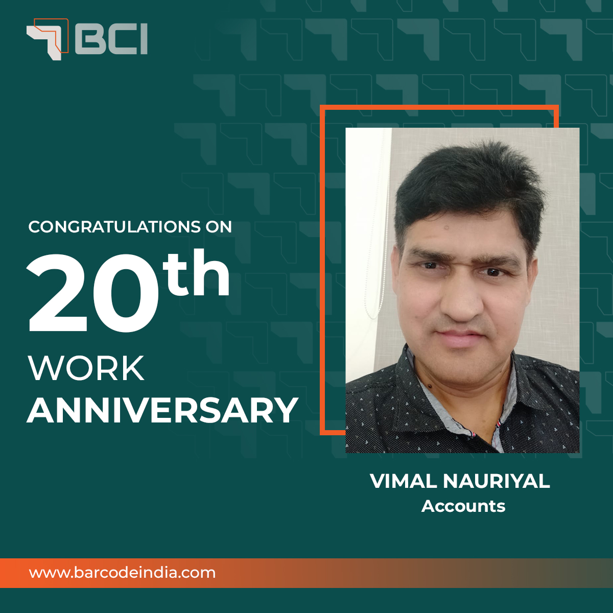 VIMAL NAURIYAL, on completing 20 years at BCI, we take immense pride in having you as part of our team. Your contributions have been invaluable. Wishing you continued joy, fulfillment, and success in the years ahead.

 #BCI #workanniversary #workfamily #congratulations #thankyou