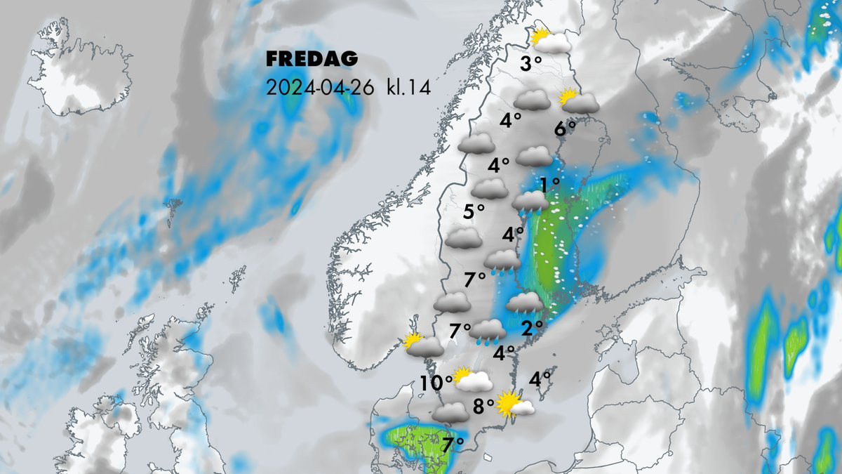 God morgon, regn och blötsnö berör delar av Svealand och sydöstra Norrland. Även skurar drar in över Skåne. I övriga landet varierande molnighet med utrymme för en del sol men fortsatt blygsamma temperaturer. /Lisa, meteorolog