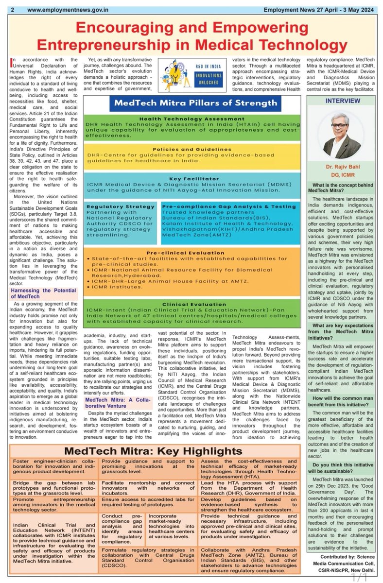 This week's column on Indian R&D breakthroughs by @CSIR_NIScPR in @Employ_News elaborates @ICMRDELHI's MedTech Mitra medical technology. --- #ICMR #DMedical #Technology @CSIR_IND @DrNKalaiselvi @Ranjana_23 @DeptHealthRes