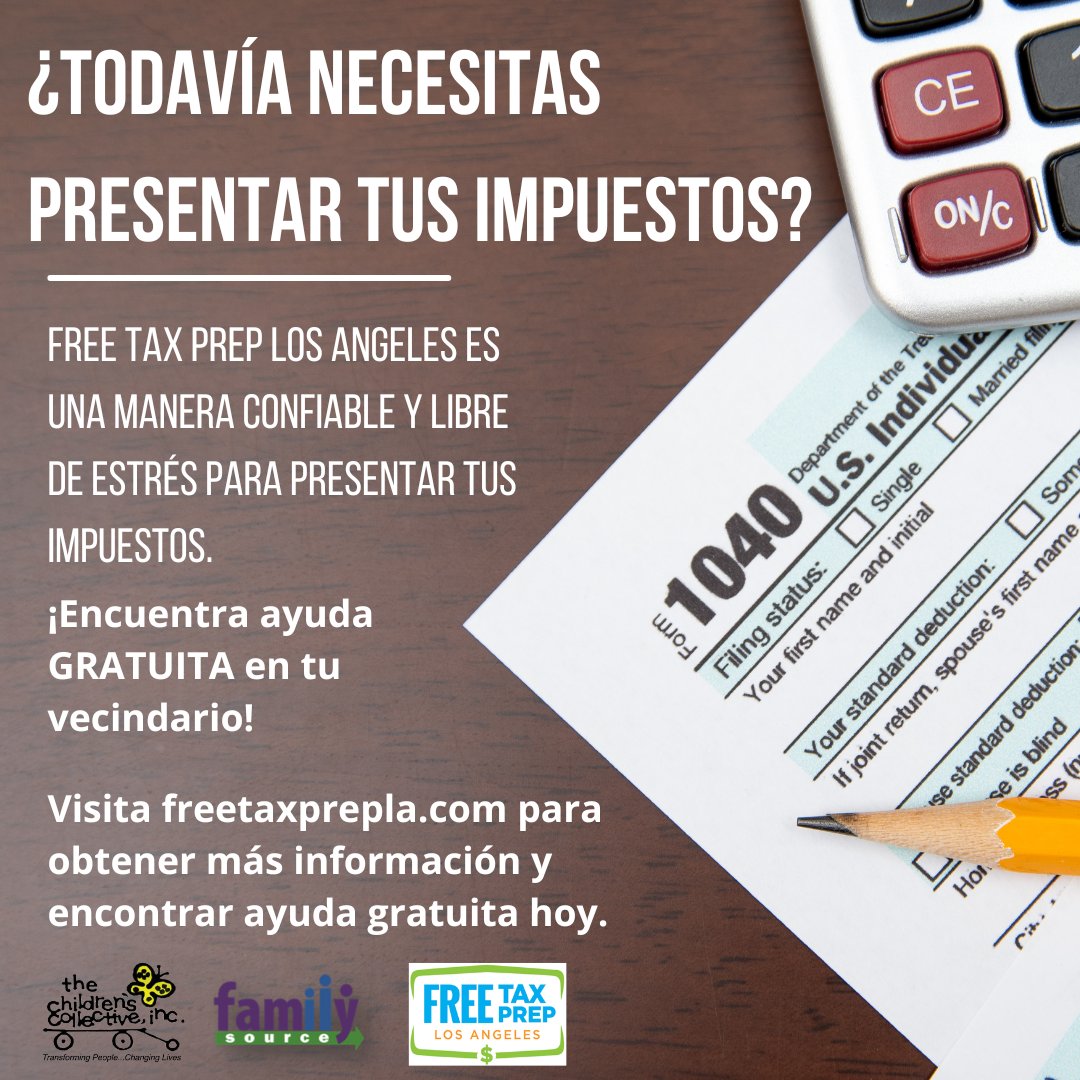 ¿Todavía necesitas presentar tus impuestos? Free Tax Prep Los Angeles es una manera confiable y libre de estrés para presentar tus impuestos. ¡Encuentra ayuda GRATUITA en tu vecindario!

Visita freetaxprepla.com para obtener más información y encontrar ayuda gratuita hoy.