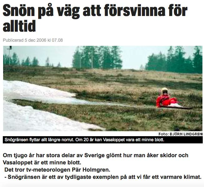 Jag hoppas att alla sänder en värmande tanke till Pär Holmgren denna 26:e april 2024, då det faller snö på hans gård utanför Uppsala.
Om någon vill arrangera serenadsång nedanför hans sovrumsfönster med klassiker som 'Jag ser det snöar' och 'Hej mitt vinterland', så är jag på.