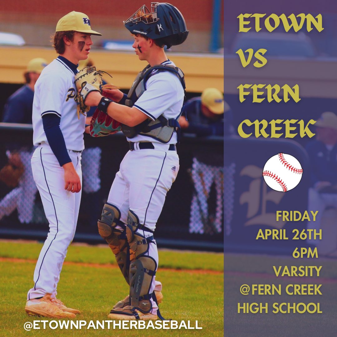 Panthers travel to Fern Creek High School tonight!! 🐾⚾️GO BIG E!! 🗓️ Friday April 26th ⏰ 6pm Varsity Only 🏟️ Fern Creek High School 🎟️ gofan.co/event/1443671?…