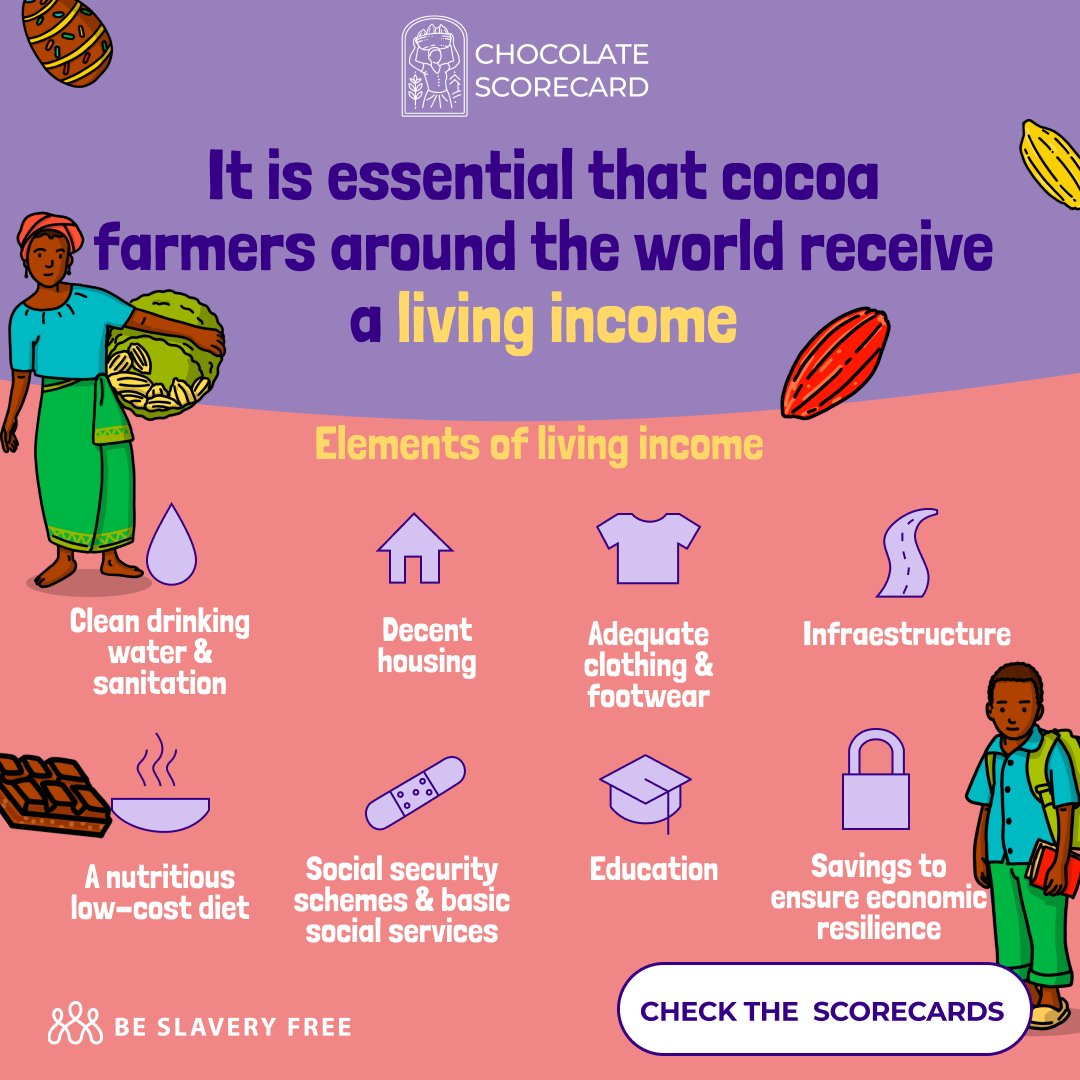 A living Income is the income required for a household to afford a decent standard of living. Most cocoa farmers are living in poverty. Only 6 companies in the #ChocolateScorecard say they’re paying ALL their cocoa farmers a living wage .Find out more at chocolatescorecard.com