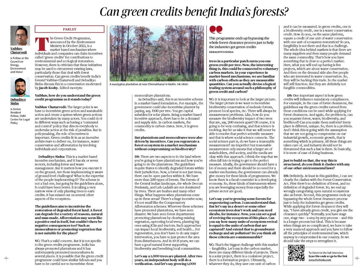 Green credits fit in as an incentive architecture to deliver on, for instance, water conservation and afforestation by involving individuals and corporations. Our Fellow, @Dr_VaibhavCh discusses India's Green Credit Programme with @debadityo & @neutranino in @the_hindu. Read…