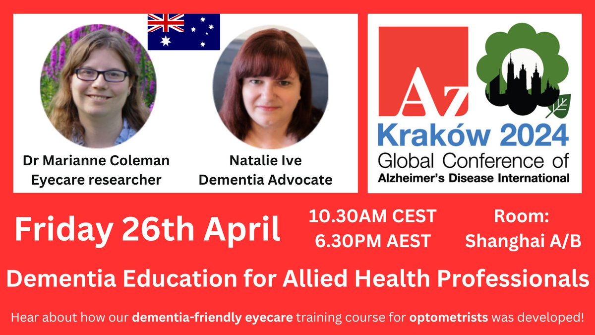 Today we're speaking in the education session at 10.30am! #ADI2024 We're in the big plenary room 😅 The @WHO dementia research blueprint is all about sharing approaches, so come and hear about how we're upskilling optometrists in Aus & NZ to be part of a dementia-friendly future!