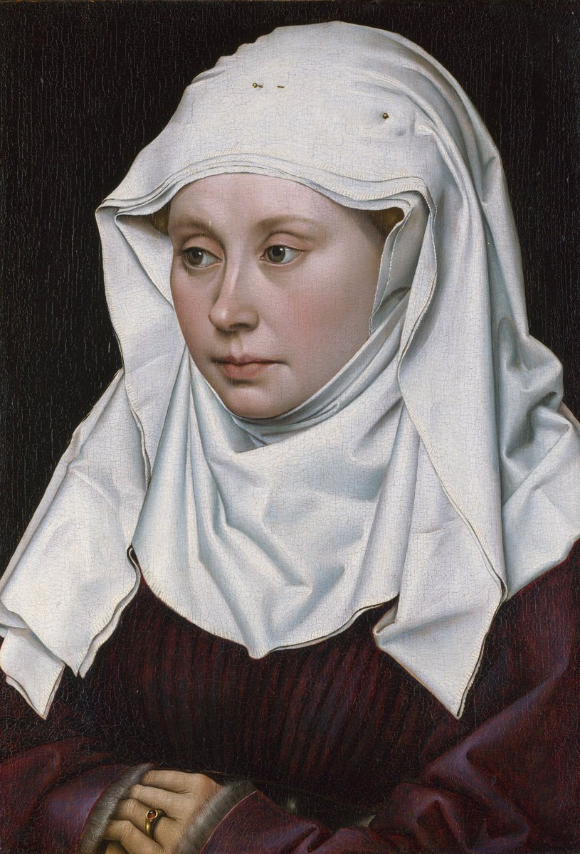 Portrait of a woman, c.1435 by Robert Campin, early Flemish artist, usually identified as Master of Flémalle, died #OTD 1444; an innovator in oil painting, he created subtleties of light and tone in works of intense realism. @NationalGallery