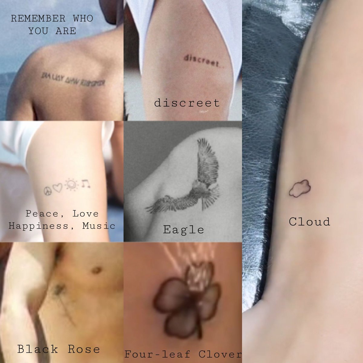 'I view them as an art, a diary on my body. I will only have tattoos that are meaningful and relating to those in my life stage.'

• REMEMBER WHO YOU ARE
• discreet
• ☮️ ♡ 🌞 🎵 
• Eagle 🦅
• Black Rose🌹 
• Four-leaf Clover 🍀
• Cloud ☁️

Bright Vachirawit 
#bbrightvc