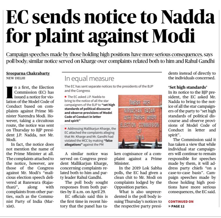 After almost 20,000 Indian citizens emailed the Election Commission regarding Modi's hate speech in Rajasthan, a notice has been issued by the ECI. To Modi? Nope. Issued to JP Nadda. How many times does Modi's name appear in the notice? ZERO. Modi is clearly exempt from all…