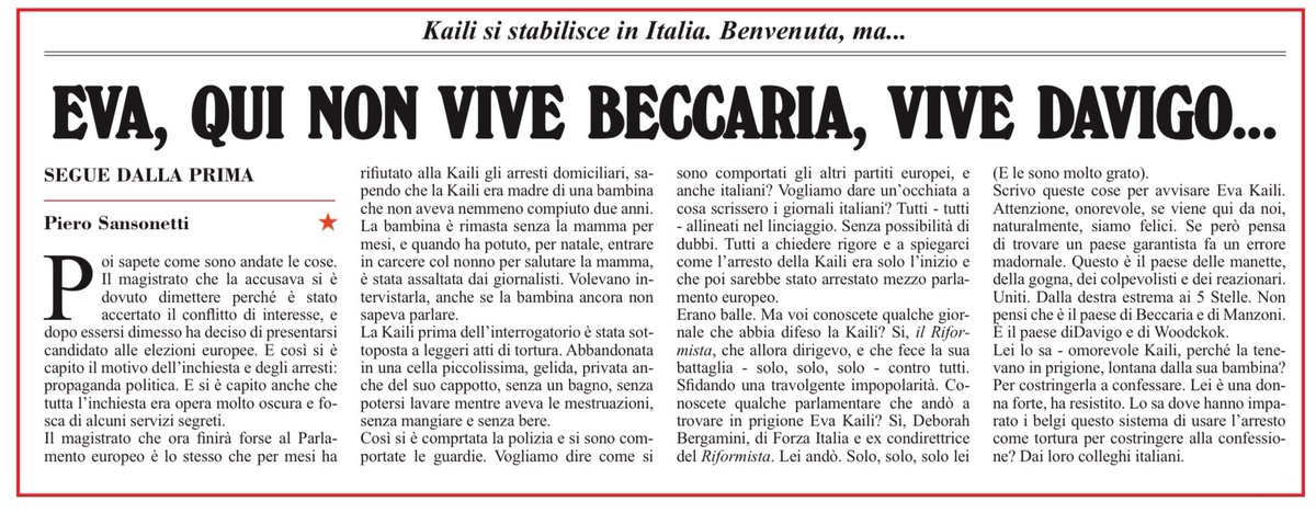 Cara @EvaKaili, sei la benvenuta in Italia. Fai bene a lasciare il Belgio che con te si è mostrato indegno e inumano. Ma non ti aspettare qui da noi di trovare il paradiso del garantismo: l’Italia non è quella sognata da Beccaria, ma quella di Salvini, di Nordio e del 41 bis…