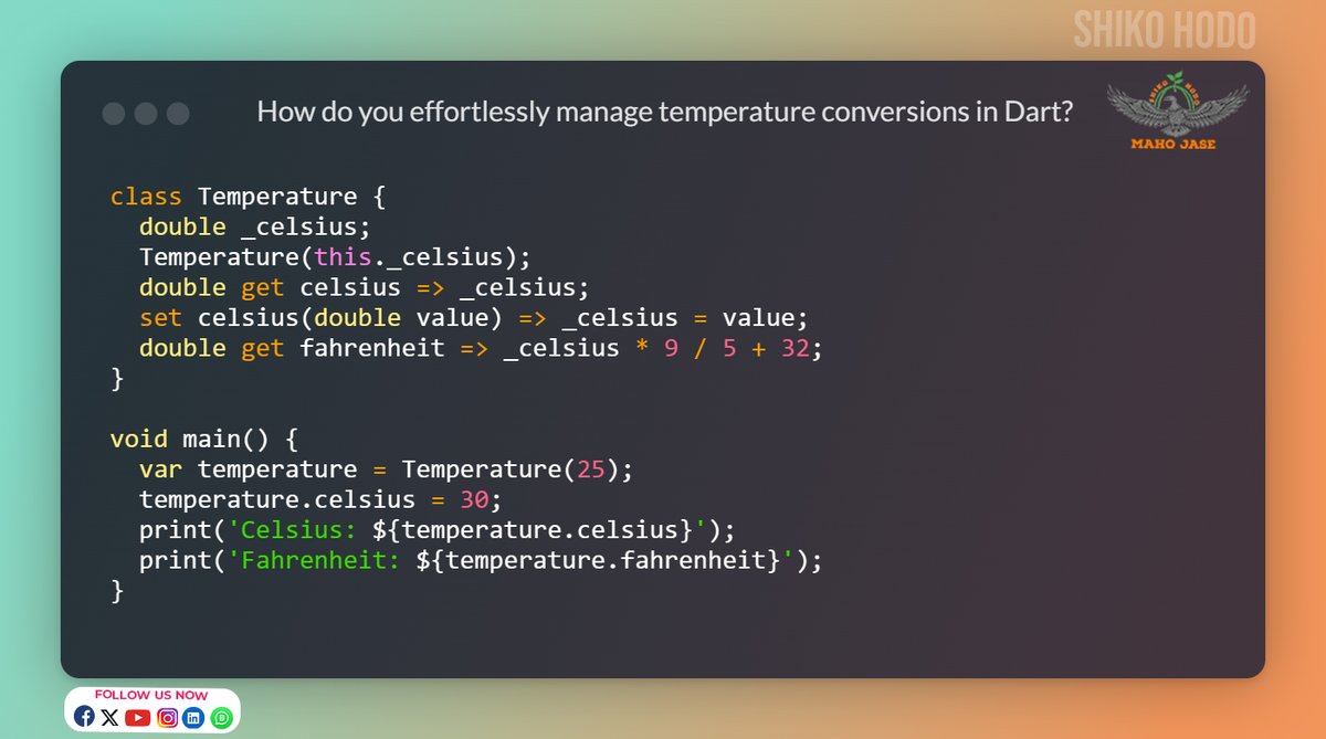 mahojase's tweet image. Explore the simplicity of getters and setters! 🌡️
.
.
.
#Dart #GettersAndSetters #TemperatureConversion #ProgrammingTips #DeveloperTools #CodeSnippet #SoftwareDevelopment #DeveloperCommunity #mobileApplication #TechTalk