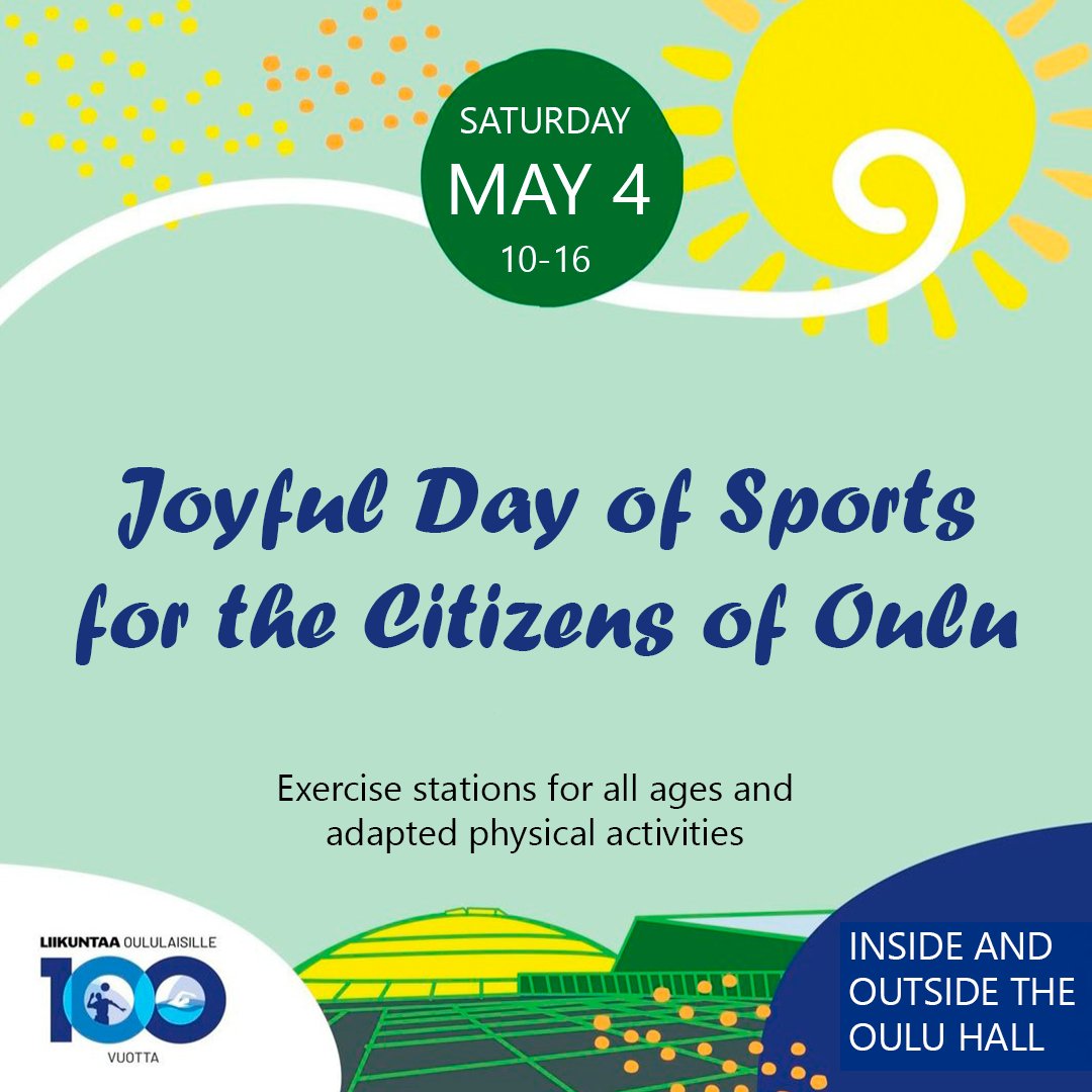 Join the Joyful Day of Sports on Saturday, May 4 from 10.00–16.00 at the Oulu Hall. There are activities for all ages, adapted physical activities for mobility impaired people and guided exercise for adults. The entire event is free of charge!