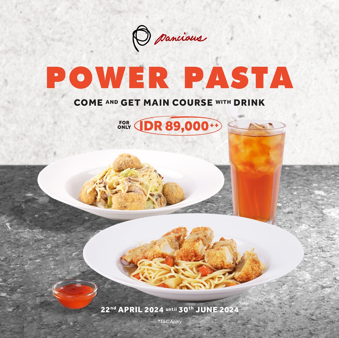 GetDiskon's tweet image. Indulge in a delicious weekday treat with our amazing promo! 
Treat yourself to a mouth-watering pasta dish and refreshing drink for only IDR 89,000 (Before tax and service charge) 

getdiskon.com/promo/diskon-p…

#promo #getdiskon #pancious