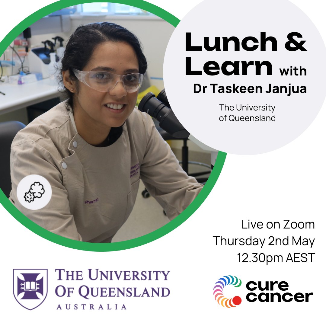 Cure Cancer (@curecancerau) on Twitter photo Join us for an exclusive information session with Dr Taskeen Janjua, one of our 2024 grant recipients and an emerging brain cancer researcher based at The University of Queensland <a href="/UQ_News/">UQ News</a> š§¬
Live on Zoom on Thursday 2 May at 12:30 PM AEST, register now: curecancer.com.au/lunch-and-lear⦠Join us for an exclusive information session with Dr Taskeen Janjua, one of our 2024 grant recipients and an emerging brain cancer researcher based at The University of Queensland <a href="/UQ_News/">UQ News</a> š§¬
Live on Zoom on Thursday 2 May at 12:30 PM AEST, register now: curecancer.com.au/lunch-and-learā¦