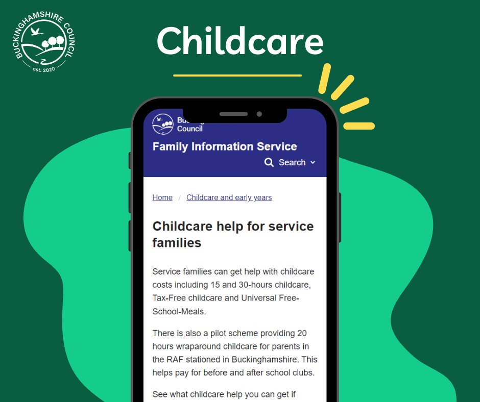 Service families can get help with childcare costs including: 🟡 15 and 30-hours childcare 🟡 Tax-Free childcare 🟡 Universal Free-School-Meals Find out more 👇 familyinfo.buckinghamshire.gov.uk/childcare-and-…