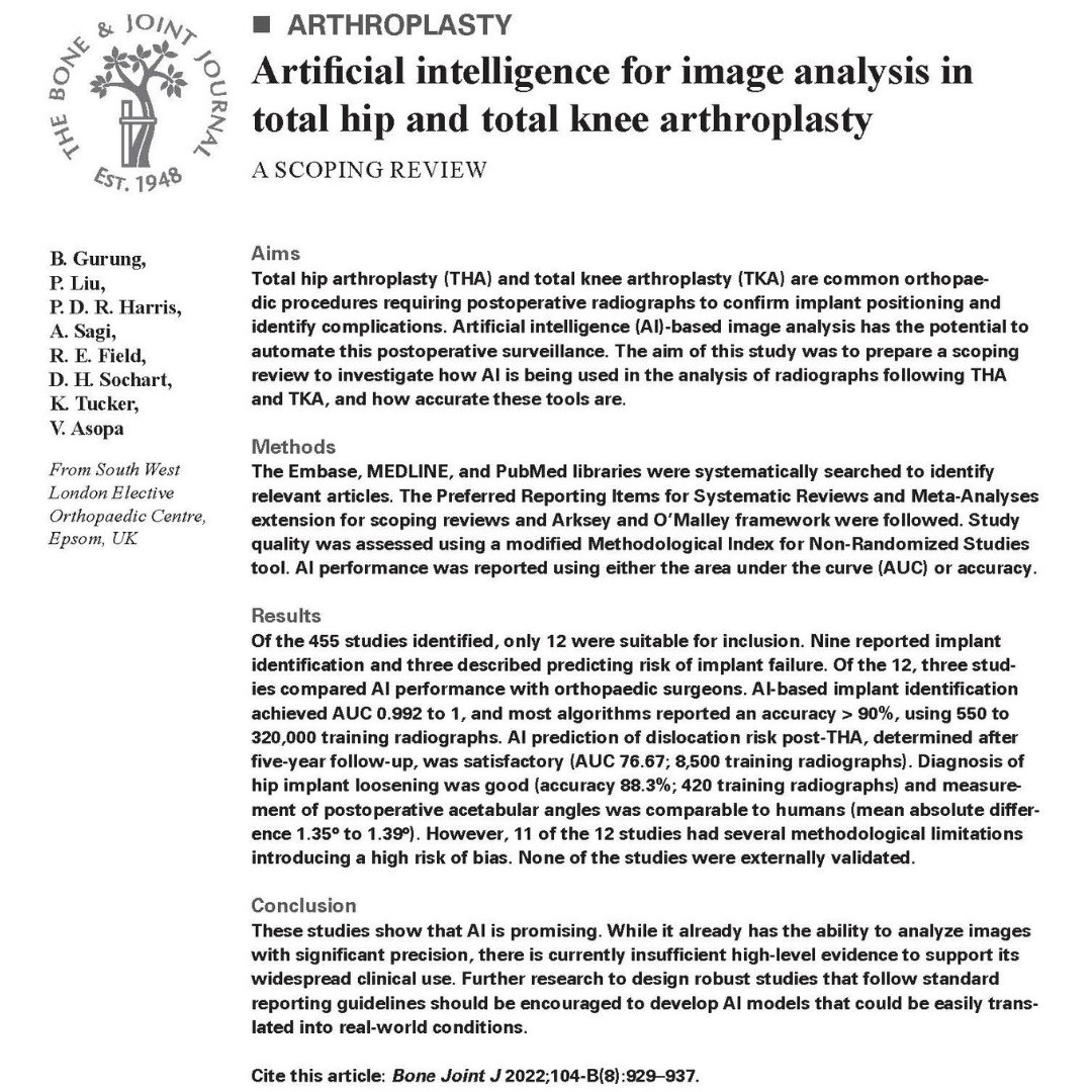 Currently, artificial intelligence image analysis through deep learning can classify hip & knee implants, measure malposition & detect features of loosening of hip implants under test conditions. #BJJ #AI @binaygrg @PerryLiu95 @vipin_asopa @the_SWLEOC ow.ly/x1Xh50ReQ36