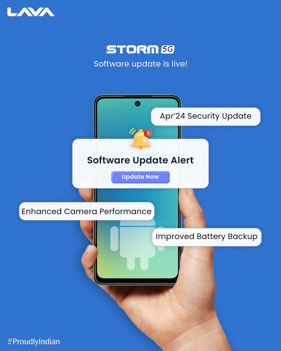 Update no. #108
#LavaSoftwareUpdate

Storm 5G is ready for the latest April’24 software update! Install now for enhanced security, camera performance and battery backup.

Go to Settings > System > System Update

#Storm5G #LavaMobiles #ProudlyIndian