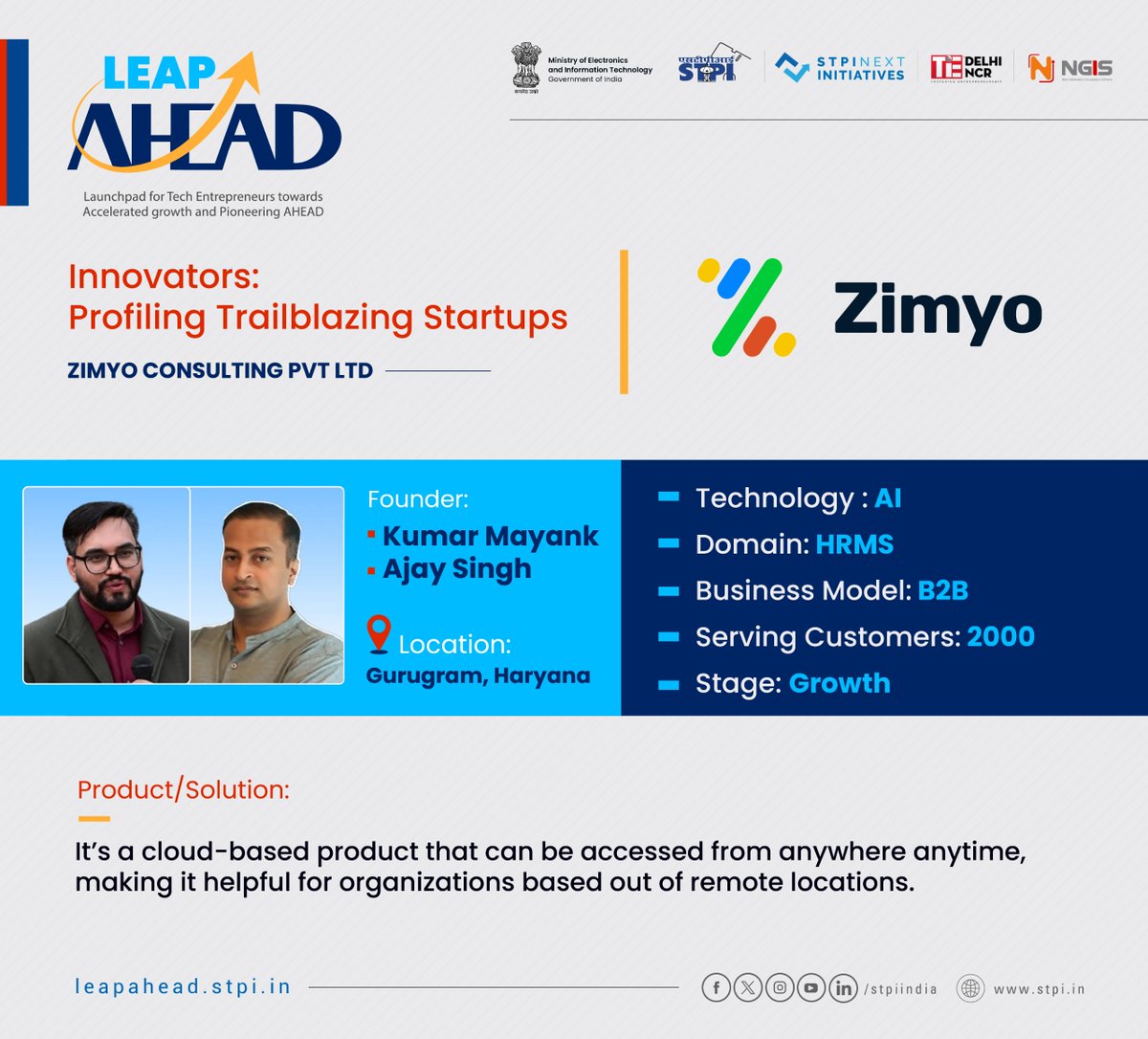M/s @zimyo_official Pvt Ltd, one of the 75+ selected companies for LEAP AHEAD Cohort, offers comprehensive #HR software that simplifies and automates processes including employee management, payroll, compliance, and performance appraisal.