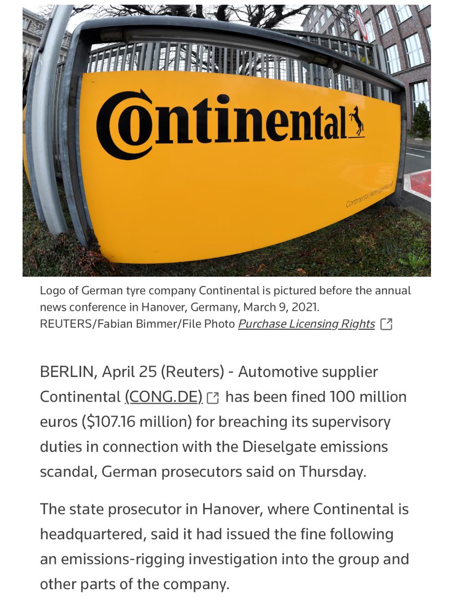 Continental, one of the largest global automotive suppliers, was fined €100M for its role in VW Group’s Dieselgate scandal in which VW Group manipulated its vehicles to meet emissions standards.