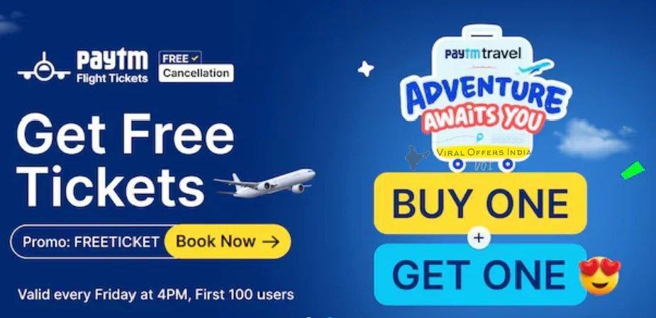 Paytm : Buy 1 & Get 1 Free Flight Ticket

Code : FREETICKET

Offer Vaild On Every Friday At 4PM.
Vaild For First 100 Users.