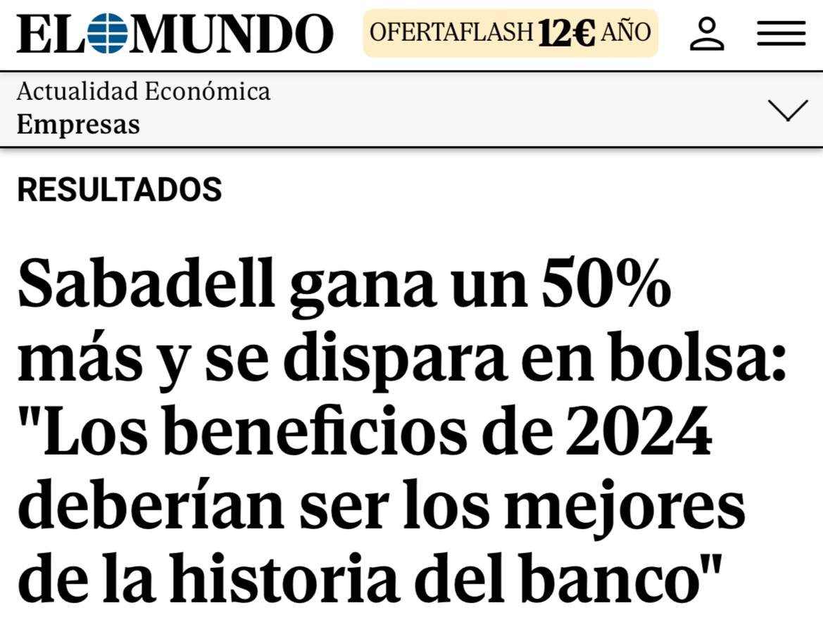 Sabadell ha ganado 308 millones de euros en el primer trimestre de 2024. Habiendo pagado ya 192 millones del impuesto a la banca, el Sabadell ha incrementado ya un 50% sus beneficios respecto al año pasado. ¿Pero no iban a quebrar con el impuesto? Siguen batiendo récords.