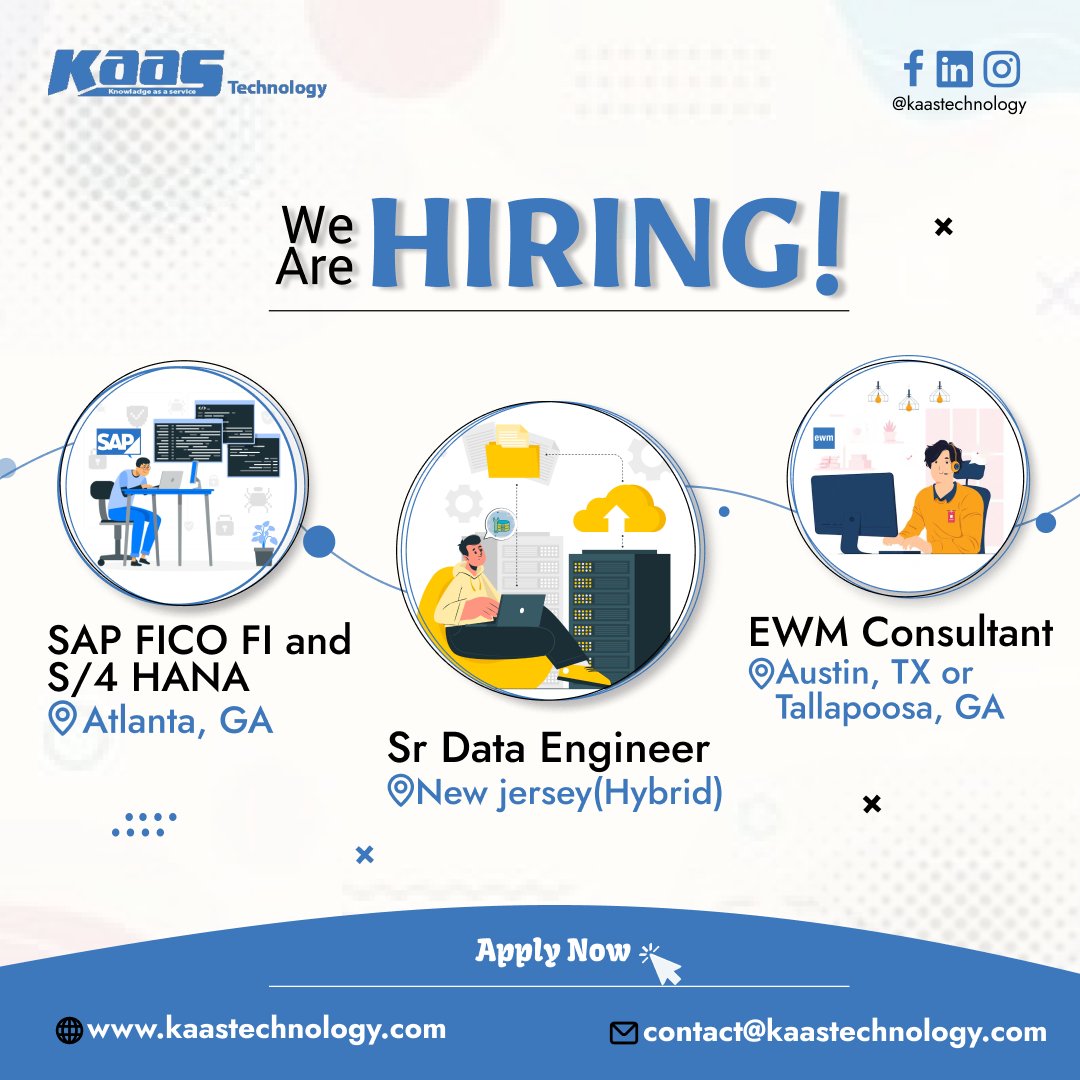 Join our US client's team:

· SAP FICO FI and S/4 HANA Consultant
· Sr. Data Engineer
· EWM Consultant

#TechCareers #SAPFICO #S4HANA #DataEngineer #EWMSolutions #KaasTechnology #LeadingRecruitingCompanySG #employmentagencysingapore #singaporejobagency  #JobOpenings