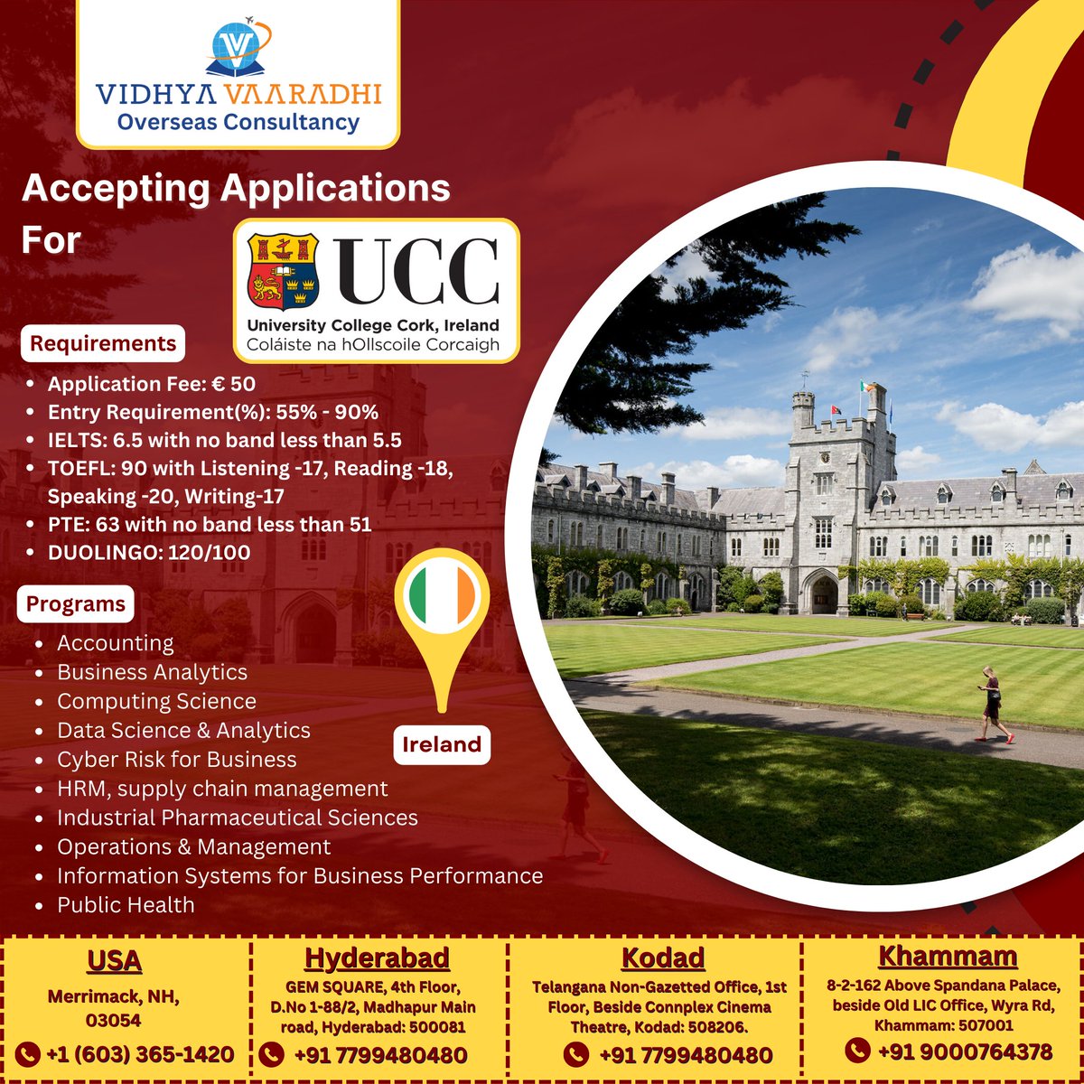 Explore opportunities to study in Ireland! Applications are currently being accepted for University College Cork. Begin your journey in Ireland today! Reach out to us for more information.

#studyinireland #Irelandeducationconsultants #ucc #universitycollegecork #irelandedu