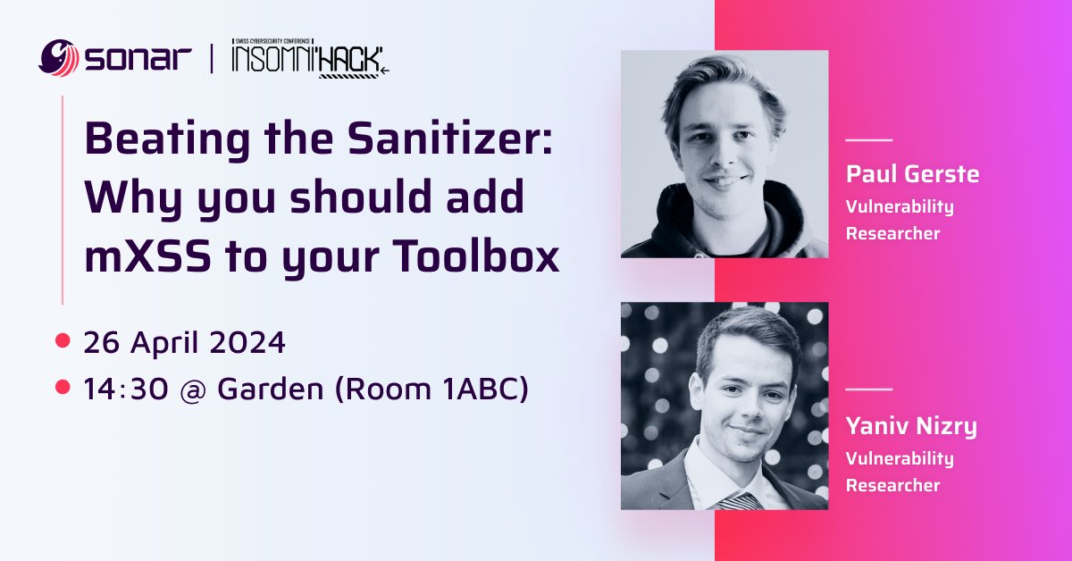 Almost found an XSS, but a sanitizer got in your way? Check out our talk at #Insomnihack today!

We explain mutation-based XSS (mXSS), an advanced technique that can bypass sanitizers, along with real-world vulnerabilities and exploits.