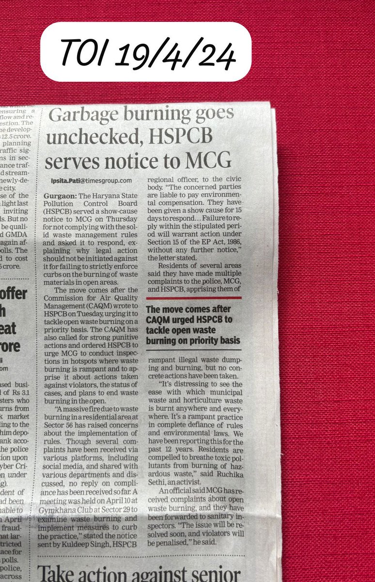 @drkamalguptabjp @cleanAirBharat @NayabSainiBJP @PMOIndia @DC_Gurugram @drkamalguptabjp ji

HSPCB serves again notice2
@MunCorpGurugram 'Gives15 DaysTo Respond On Its'Failure To Prevent WastebBurning'

#FixAccountability🙏

Meanwhile pls direct  @DC_Gurugram 2declare #WasteFires as #healthhazard -#Deploy police/army -#PreventOpenBurning
@IpsitaTOI