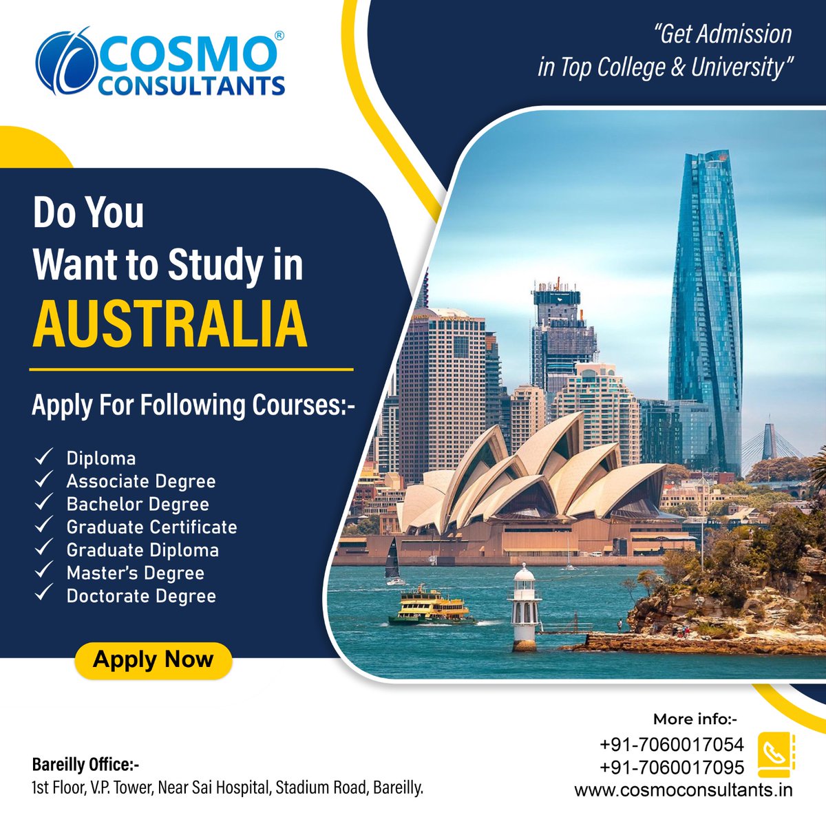 🌟 Dreaming of studying in Australia? 🇦🇺 Explore a wide range of academic opportunities from #Diploma to #Doctorate #Degree! 🎓✈️ Apply for the upcoming intake with #CosmoConsultants and unlock your path to success. More information: +91-7060017054, +91-7060017095. #Australia
