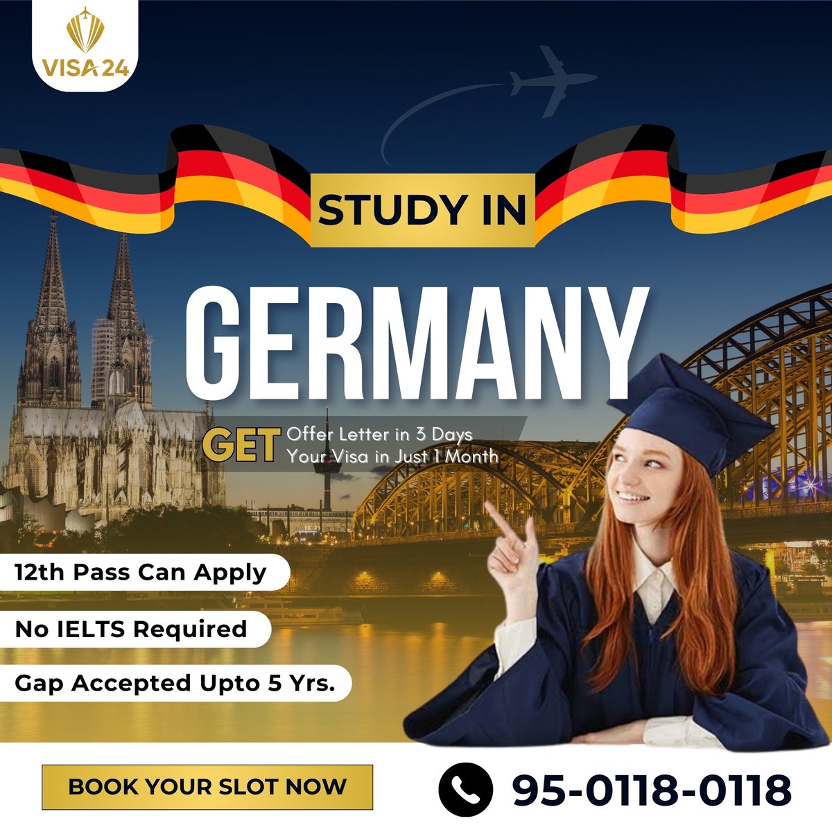 Dreaming of an international education experience? Unlock your potential by studying in Germany!
Contact us at 9501180118 to explore world-class universities, affordable tuition fees, and an enriching cultural journey. 

#StudyInGermany #visa24services