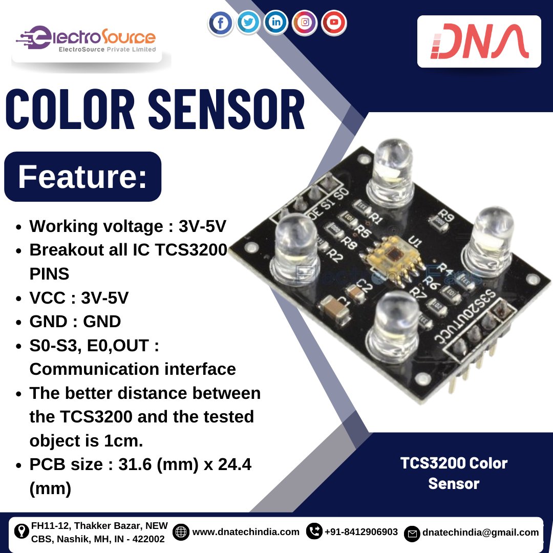 Color Sensor
TCS3200 Color Sensor
#color #sensor #working #voltage #breakout #ic #pins #vcc #gnd #out #communication #interface #better #distance #tested #object #pcb #size #electronic #components #electroniccomponents #nashikcity