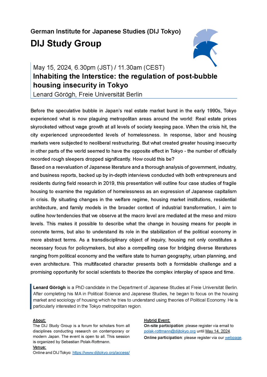 dij_tokyo's tweet photo. Fragile housing and Japanese capitalism: Lenard Görögh (FU Berlin) will explain how they are related in our next #DIJStudyGroup, based on his research on the regulation of post-bubble housing insecurity in Tokyo. Online &amp; onsite, 15 May, 18.30JST/11.30CEST https://t.co/Za50zLlFjx https://t.co/we9om4nEpV