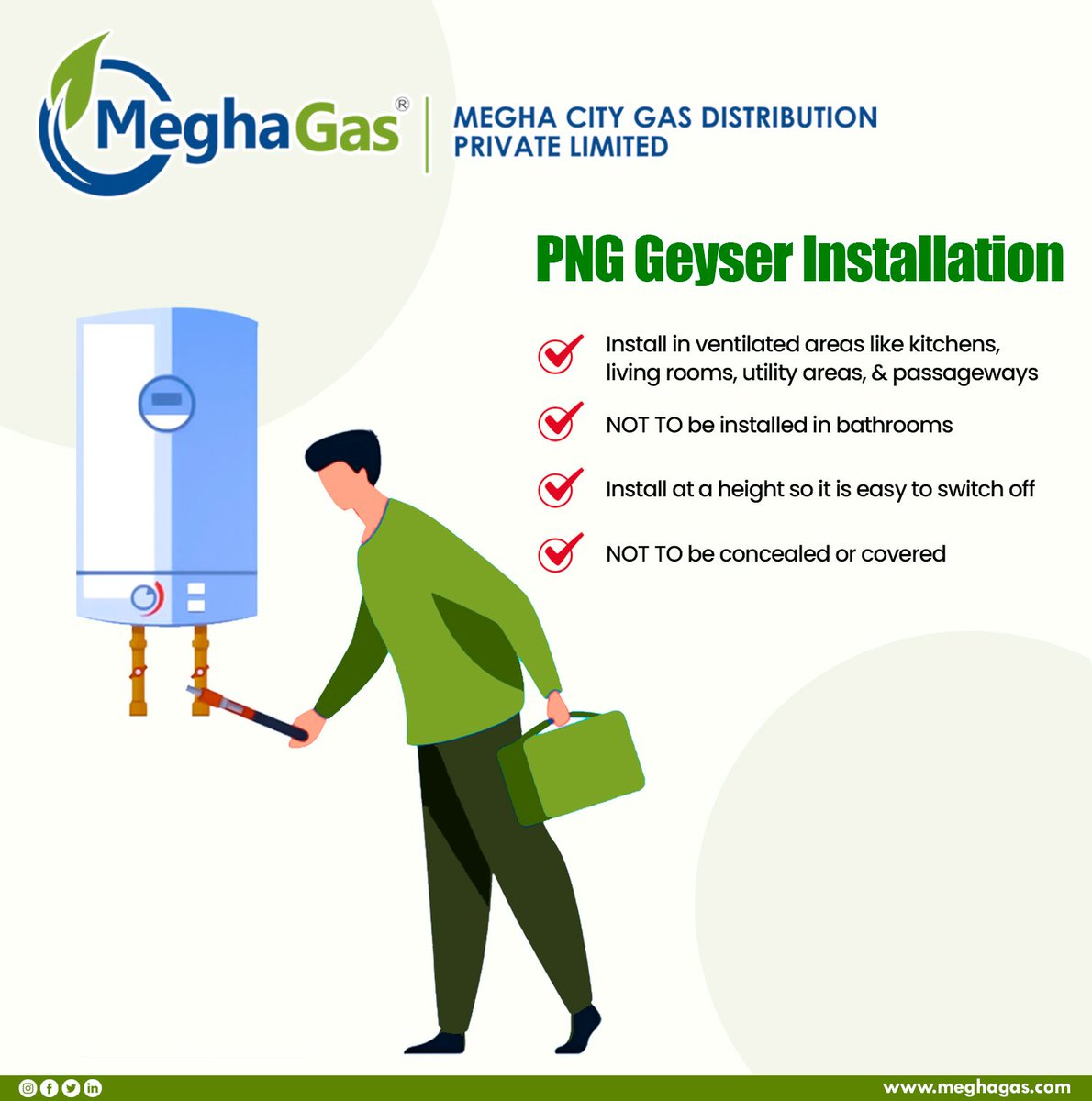 Planning to get a #PNG geyser for your home? That’s a great choice both in terms of savings & environment. Here are some guidelines to ensure #safety during #geyser installation at your home. meghagas.com/domestic-png#g…

#MeghaGas #NaturalGas #MCGDPL #MEIL