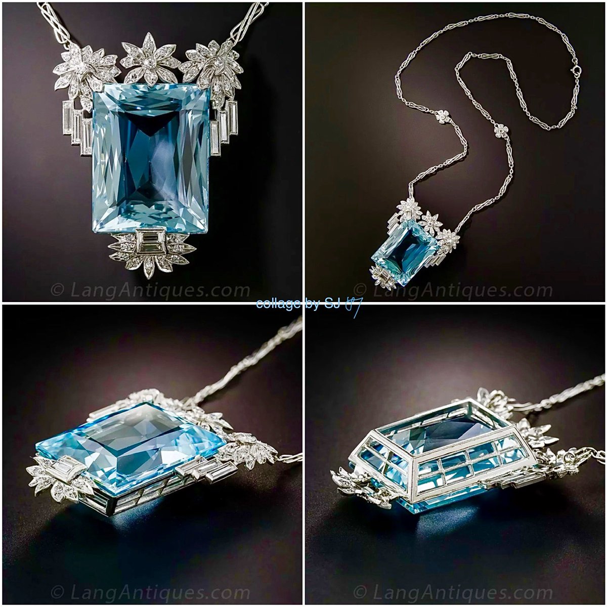 AQUAMARINE, PLATINUM AND DIAMOND NECKLACE, 1930s-40s
32-carat aquamarine gem, adorned with platinum and diamond flowers on top, along with diamond baguettes: 8 Baguette Cut Diamonds (0.70 carat); 45 Single Cut Diamonds (0.45 carat).
(Photos credit: @LangAntiques com); collage SJ