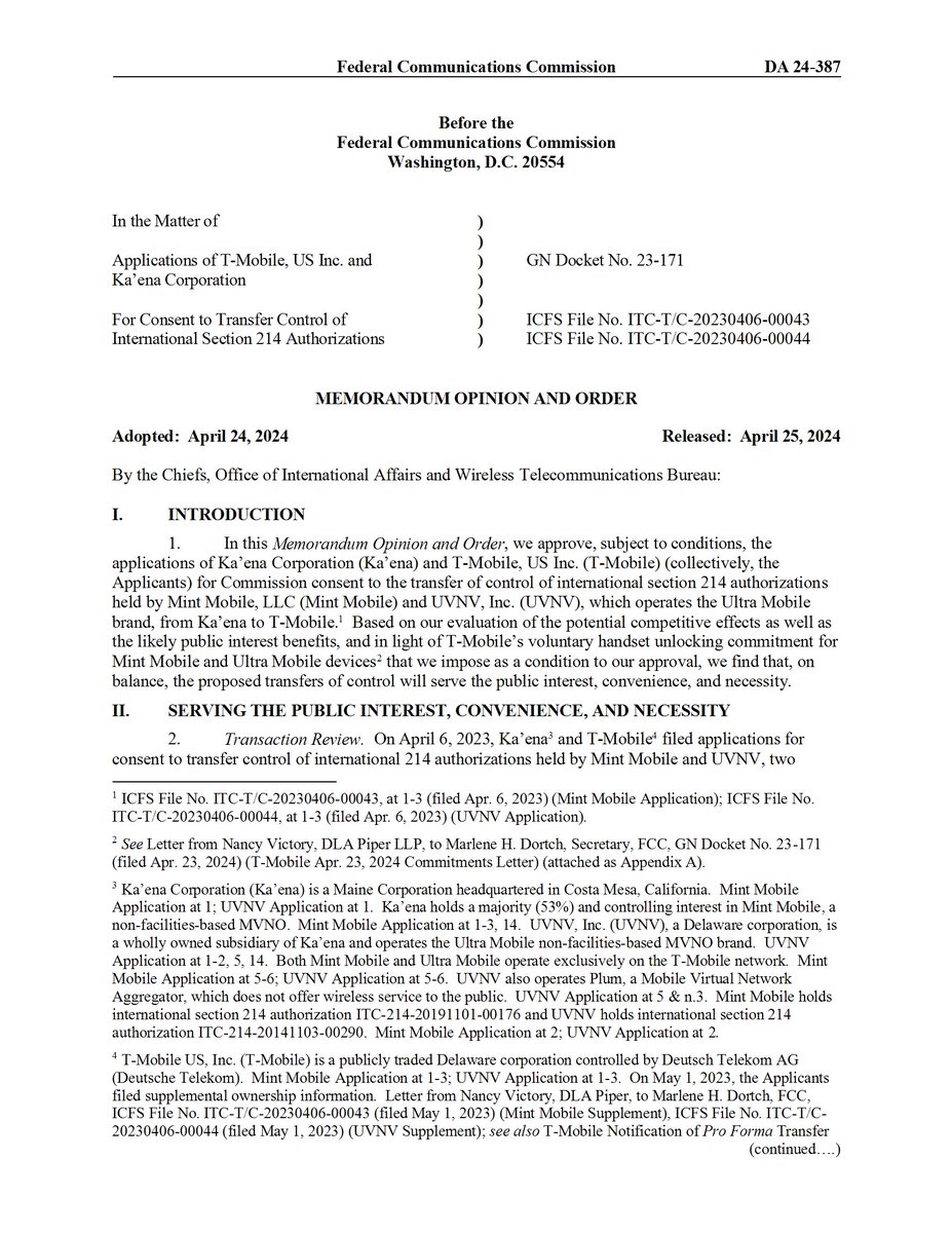 The Federal Communications Commission (#FCC) has approved, T-Mobile's acquisition of the #MVNO #MintMobile and #UltraMobile. The #MVNA #Plum is also part of the deal but not serving end-users.

docs.fcc.gov/public/attachm…