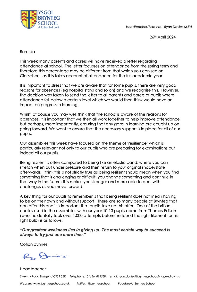 Bore da. Here is a copy of the Head's weekly letter.